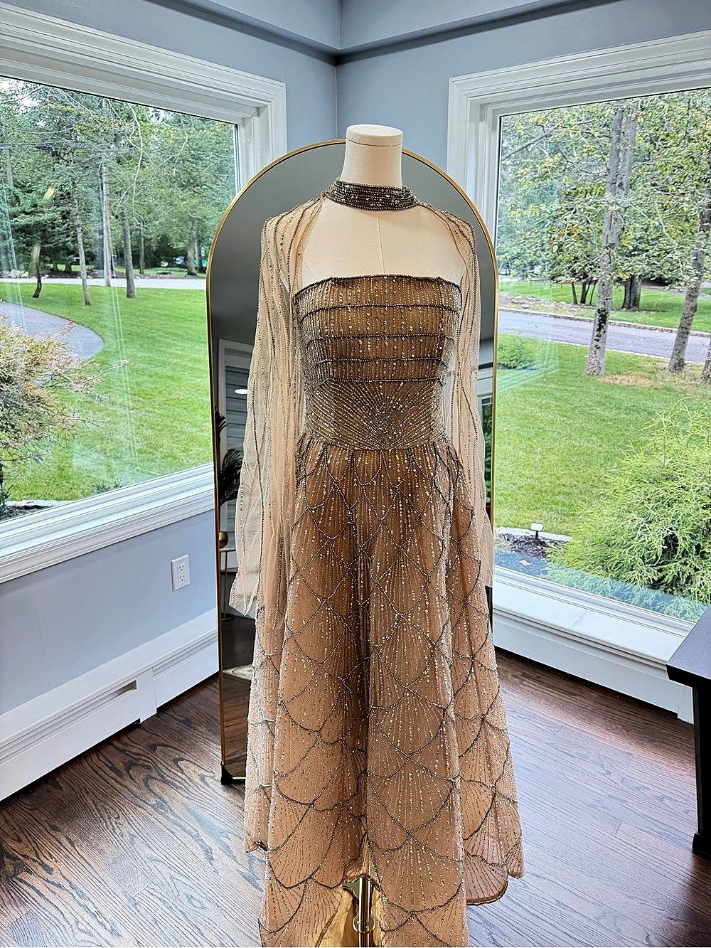 Beaded Strapless Maxi Dress in Brown & Gold Like New